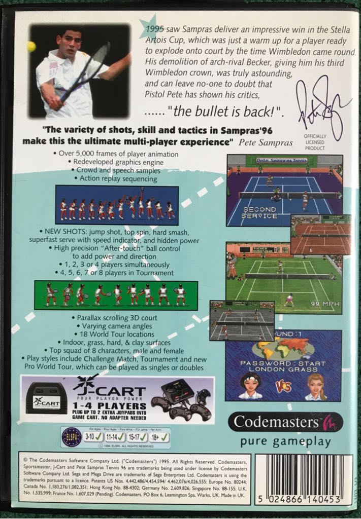 Sampras Tennis 96 - Sega Megadrive (Codemasters - 4) video game collectible [Barcode 5024866140453] - Main Image 2