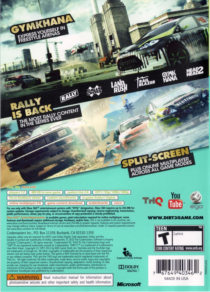 Dirt 3 - Microsoft Xbox 360 (Codemasters - 1) video game collectible [Barcode 5024866345391] - Main Image 2