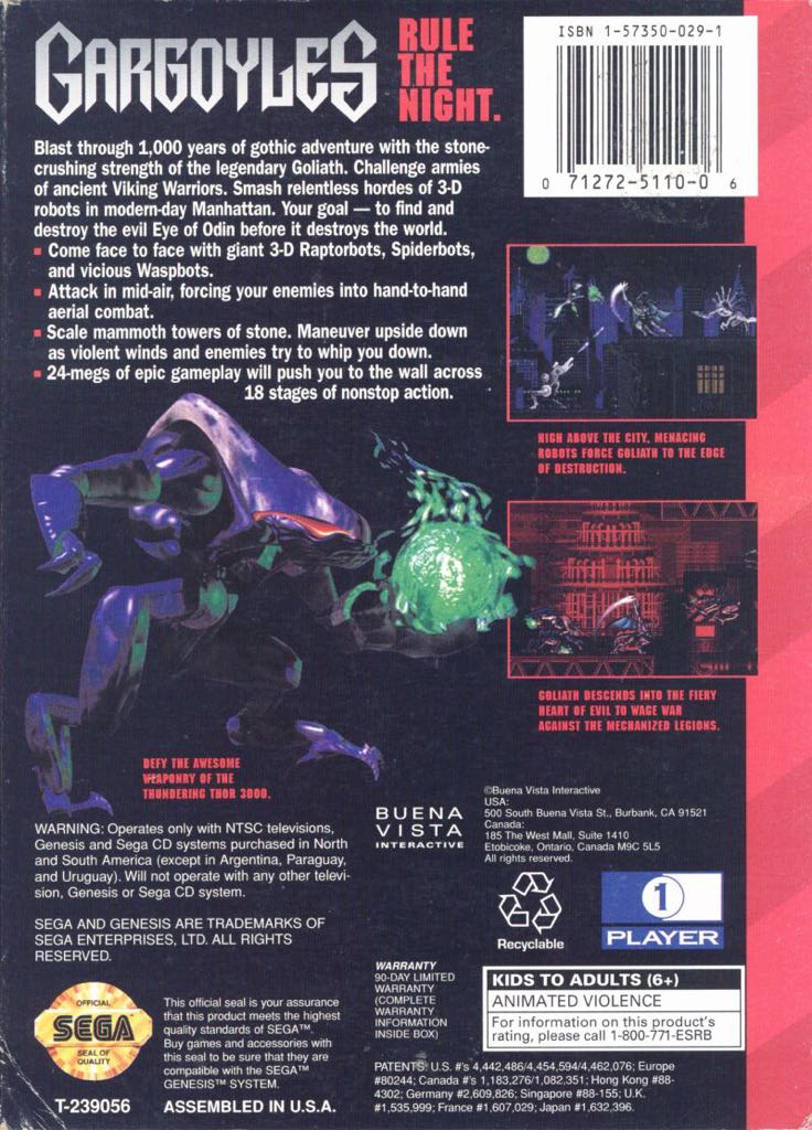 Gargoyles - Sega Genesis (Mega Drive) (Buena Vista Interactive - 1) video game collectible [Barcode 071272511006] - Main Image 2