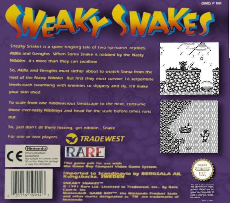 Sneaky Snakes - Nintendo Game Boy (Tradewest - 2) video game collectible [Barcode 031719199143] - Main Image 2