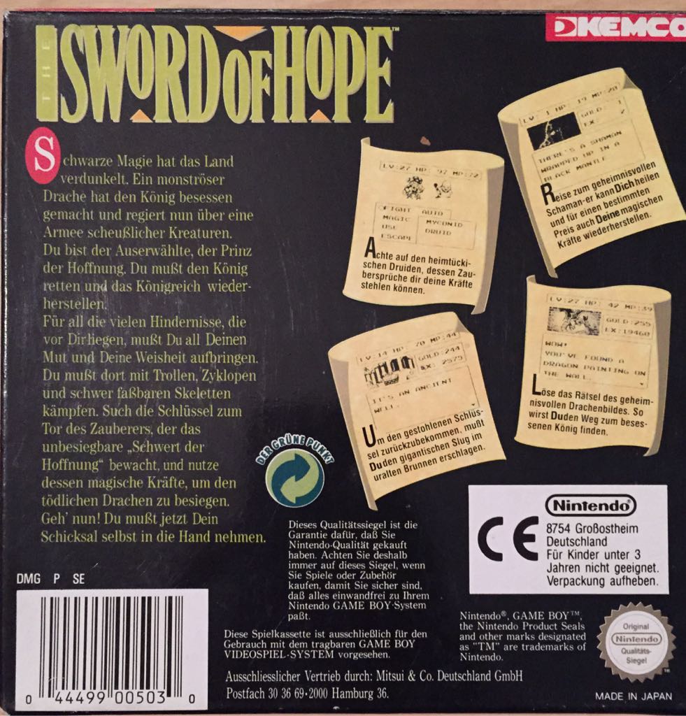 Sword of Hope - Nintendo Game Boy (Seika Corporation - 1) video game collectible [Barcode 044499005030] - Main Image 2