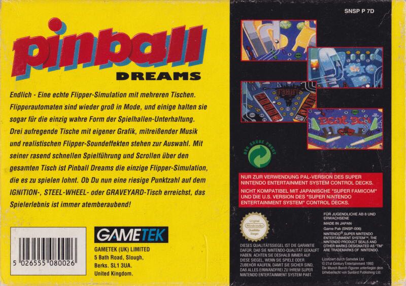 Pinball Dreams - Nintendo Super Nintendo Entertainment System (SNES) (GameTek - 1) video game collectible [Barcode 043948510903] - Main Image 2