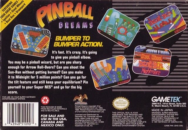 Pinball Dreams - Nintendo Super Nintendo Entertainment System (SNES) (GameTek - 1) video game collectible - Main Image 2