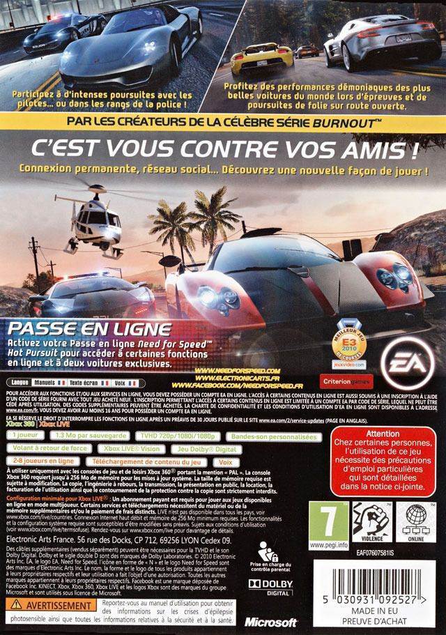 Need For Speed : Hot Pursuit - Microsoft Xbox 360 (Electronic Arts/EA Games - 1) video game collectible [Barcode 5030934092524] - Main Image 2