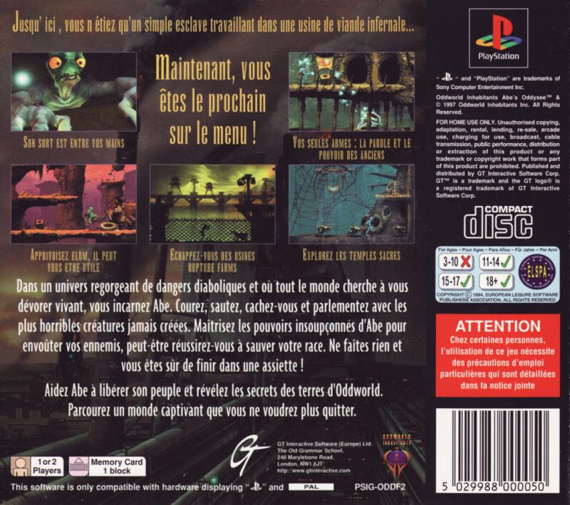 Oddworld: Abe’s Oddysee - Sony PlayStation (GT Interactive - 1) video game collectible [Barcode 5029988001484] - Main Image 2