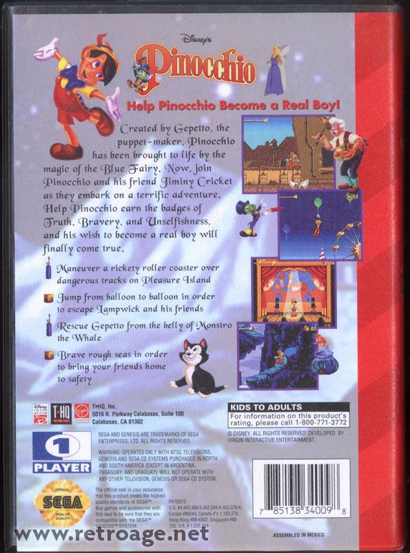 Disney’s Pinocchio - Sega Mega Drive (Disney Inter Active - 1) video game collectible [Barcode 125132340098] - Main Image 2