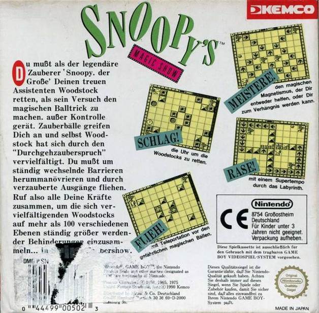 Snoopy’s Magic Show - Nintendo Game Boy (Kemco - 1) video game collectible [Barcode 044499005023] - Main Image 2