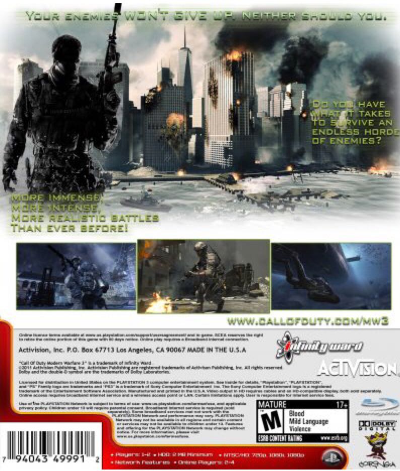 Call Of Duty: Modern Warfare 3 - Sony PlayStation 3 (PS3) (Activision Publishing - 1-4) video game collectible [Barcode 021010000088] - Main Image 2