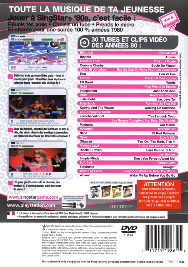 Singstar ’80s - Sony PlayStation 2 (PS2) (Sony Computer Entertainment Europe - 1-8) video game collectible [Barcode 711719198611] - Main Image 2