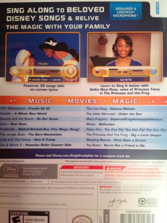 Sing It: Family Hits, Disney - Nintendo Wii (Disney Interactive - 1) video game collectible [Barcode 712725019525] - Main Image 2