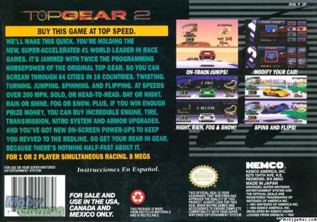 Top Gear 2 - Nintendo Super Nintendo Entertainment System (SNES) (Kemco - 2) video game collectible [Barcode 741648001089] - Main Image 2