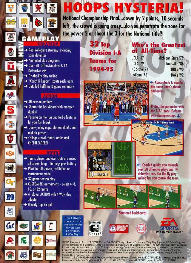 Coach K College Basketball - Sega Genesis (Mega Drive) (Electronic Arts/EA Games - 2) video game collectible [Barcode 014633075212] - Main Image 2