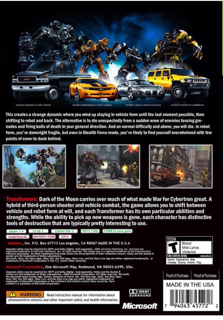 Transformers: Dark of the Moon - Microsoft Xbox 360 (Activision Publishing - 1) video game collectible [Barcode 5030917095290] - Main Image 2