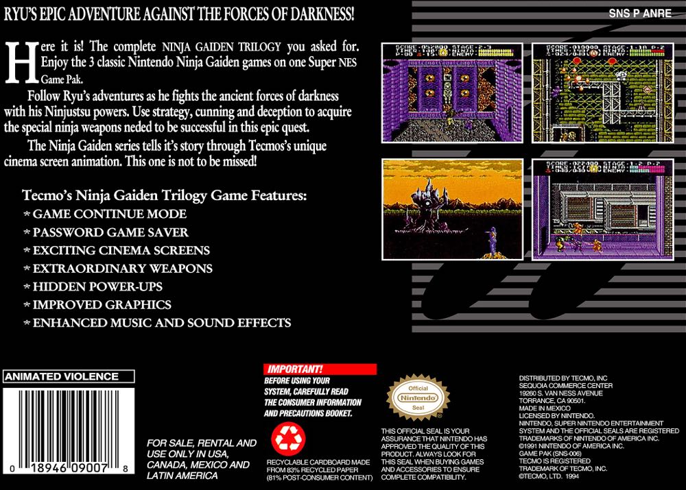 NINJA GAIDEN TRILOGY - Nintendo Super Nintendo Entertainment System (SNES) (Tecmo - 1) video game collectible [Barcode 018946090078] - Main Image 2