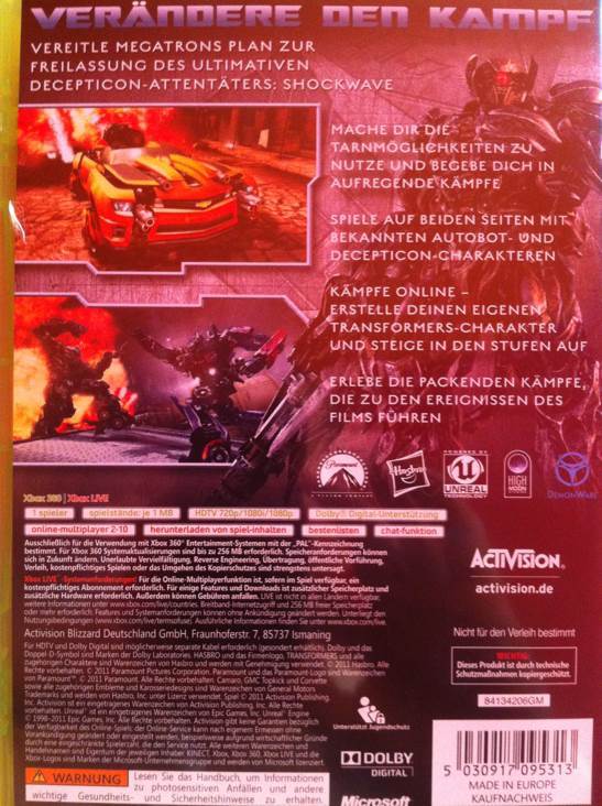 Transformers 3: Dark Of The Moon - Microsoft Xbox 360 (Activision Blizzard - 1) video game collectible [Barcode 047875841352] - Main Image 2