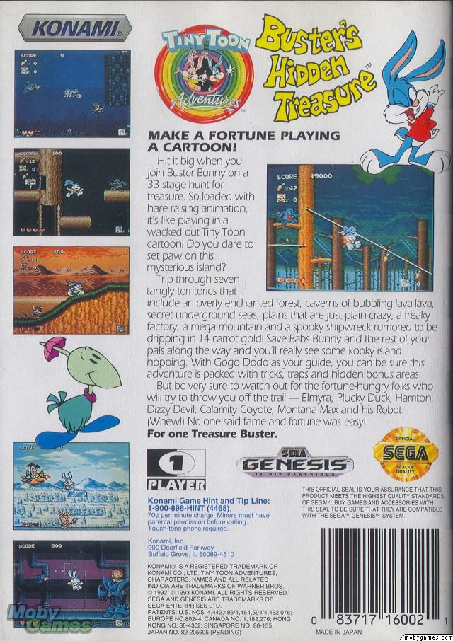 Tiny Toon Adventures: Buster’s Hidden Treasure(Majesco Re-release) - Sega Genesis (Mega Drive) (Konami - 1) video game collectible [Barcode 096427011507] - Main Image 2