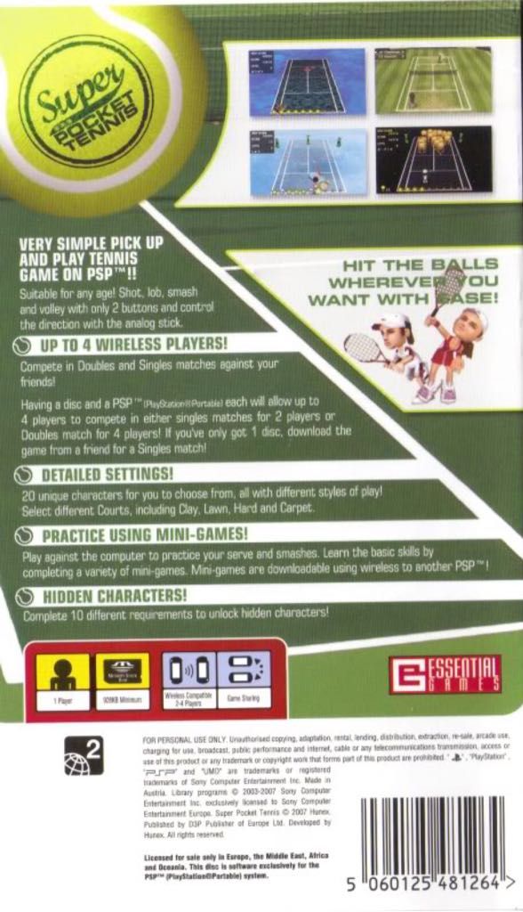 Super Pocket Tennis - Sony PlayStation Portable (PSP) (Essential Games - 4) video game collectible [Barcode 5060125481264] - Main Image 2