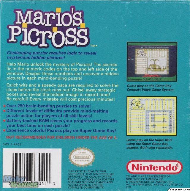 Mario’s Picross - PC (Nintendo - 1) video game collectible [Barcode 045496730413] - Main Image 2