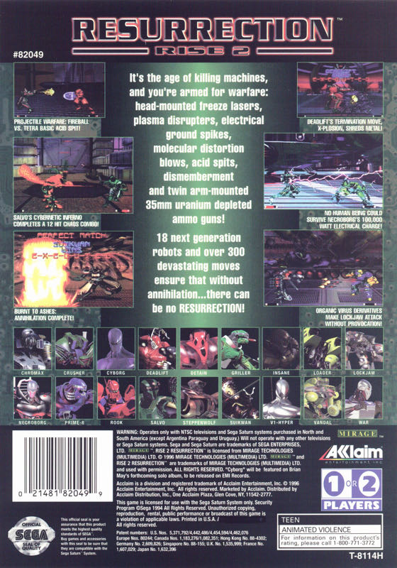 Rise 2: Resurrection - Sega Saturn (Acclaim Entertainment - 1-2) video game collectible [Barcode 021481820499] - Main Image 2