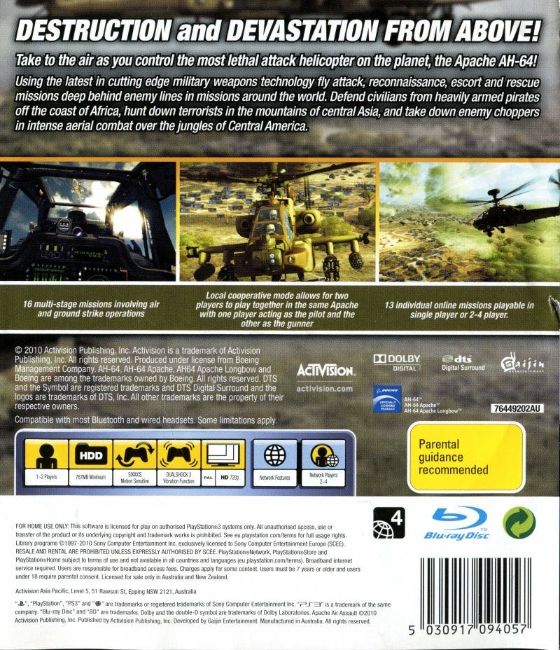 Apache Air Assault - Sony PlayStation 3 (PS3) (Activision Blizzard - 1) video game collectible [Barcode 047875764491] - Main Image 2