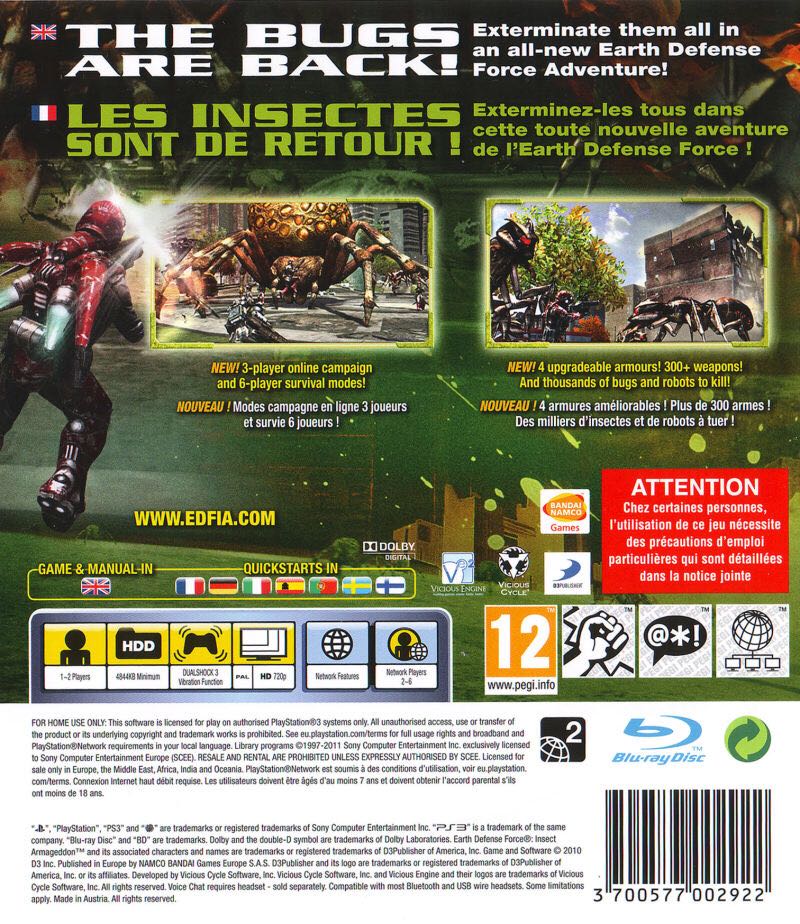 Earth Defense Force: Insect Armageddon - Sony PlayStation 3 (PS3) (D3 Publisher - 1-2) video game collectible [Barcode 879278132054] - Main Image 2