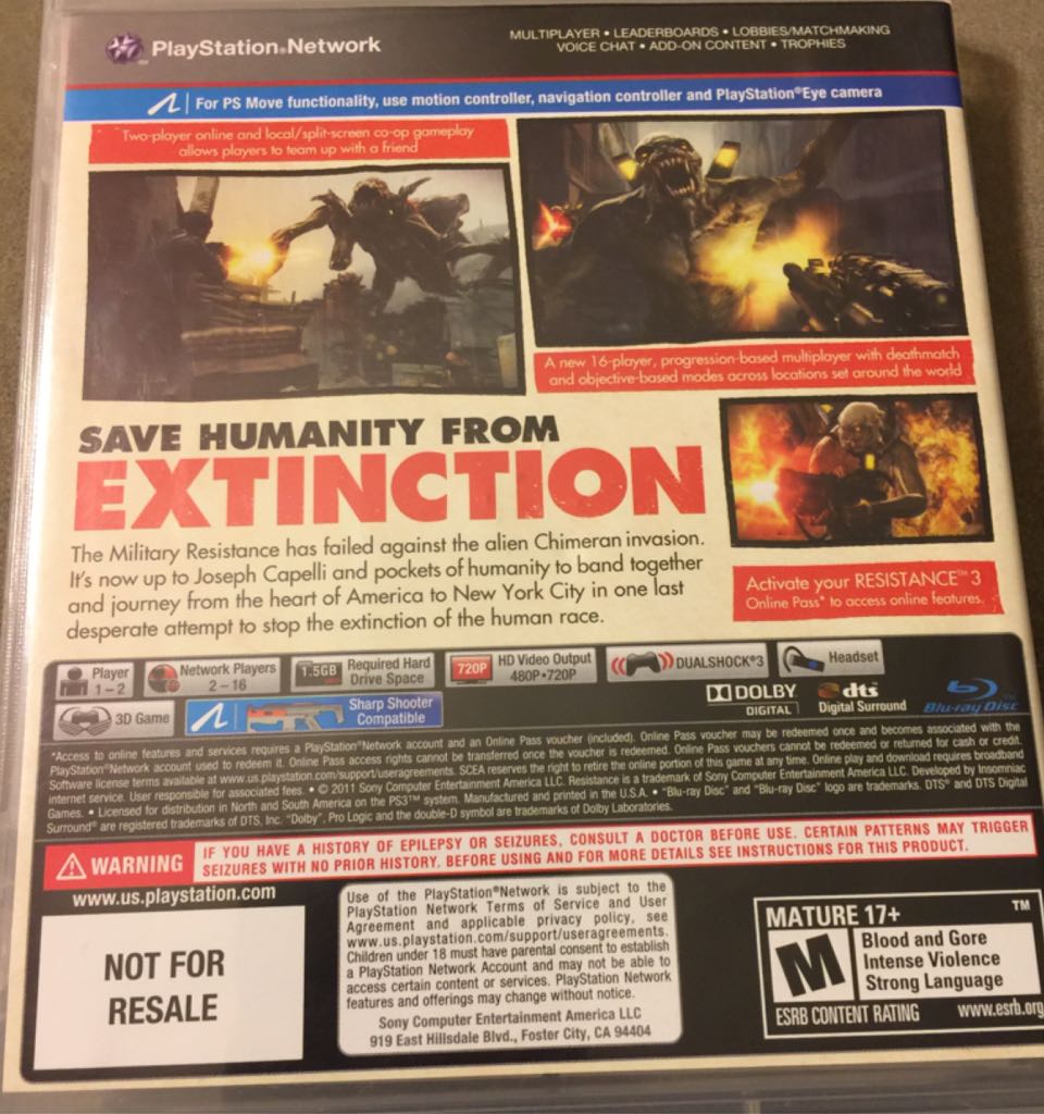 Resistance 3 - Sony PlayStation 3 (PS3) (Sony Computer Entertainment - 2) video game collectible [Barcode 711719128694] - Main Image 2