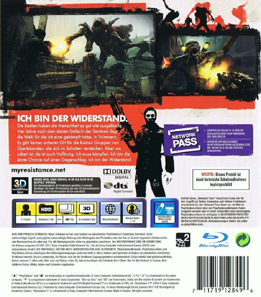 Resistance 3 - Sony PlayStation 3 (PS3) (Sony Computer Entertainment - 1) video game collectible [Barcode 711719128793] - Main Image 2