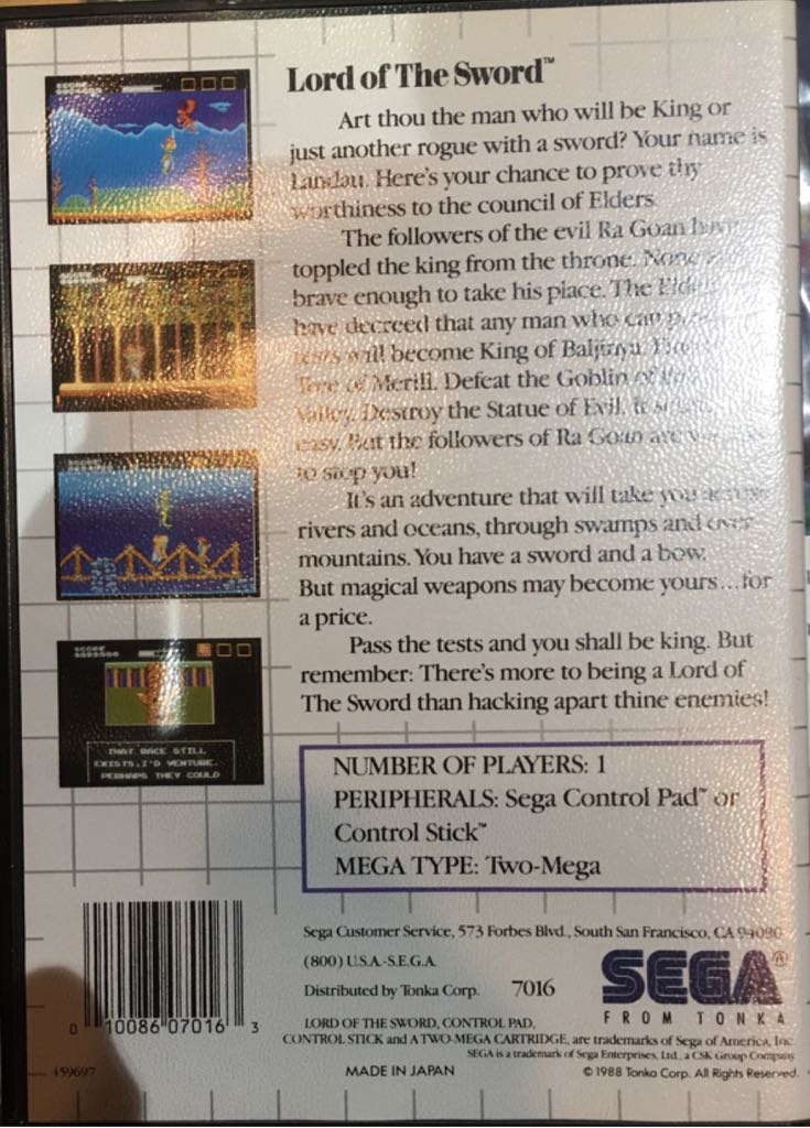 Lord Of The Sword - Sega Master System (Sega - 1) video game collectible [Barcode 010086070163] - Main Image 2