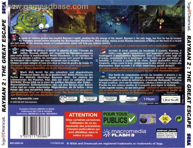 Rayman 2 The Great Escape - Sega Dreamcast (Ubisoft - 1) video game collectible [Barcode 3307211303867] - Main Image 2