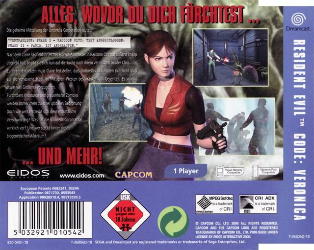 Resident Evil: Code Veronica - Sega Dreamcast (Eidos Interactive - 2) video game collectible [Barcode 5032921010542] - Main Image 2