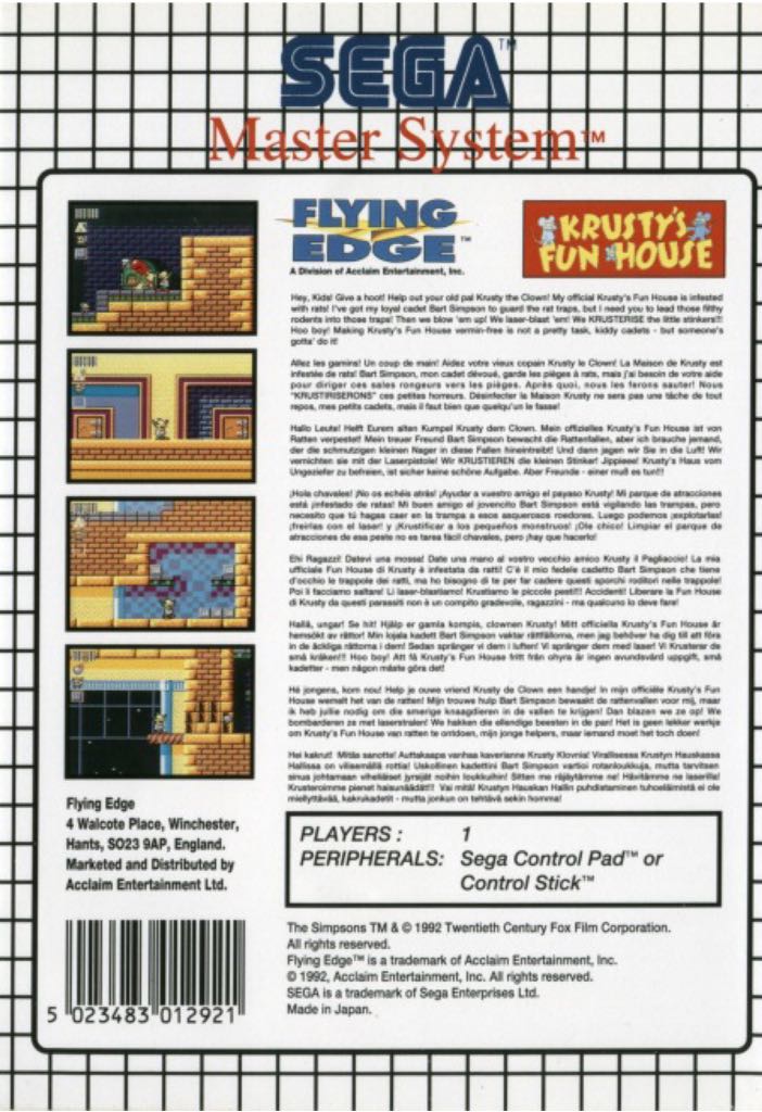 Krusty’s Fun House - Sega Master System (Flying Edge - 1) video game collectible [Barcode 5023483012921] - Main Image 2