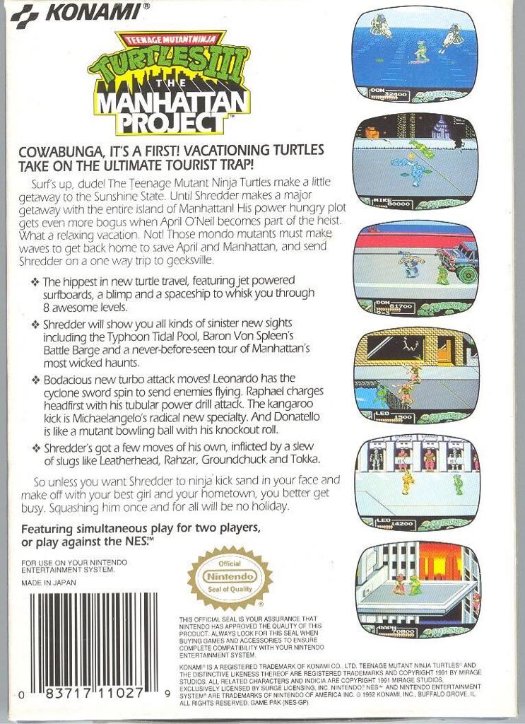 Teenage Mutant Ninja Turtles III: The Manhattan Project - Nintendo Entertainment System (NES) (Konami - 4) video game collectible - Main Image 2