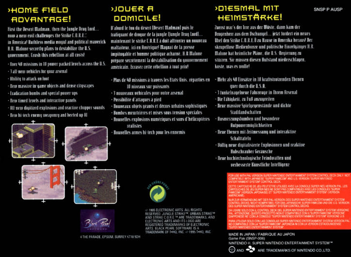 Urban Strike: The Sequel to Jungle Strike - Nintendo Super Nintendo Entertainment System (SNES) (Electronic Arts / Black Pearl Software - 1) video game collectible - Main Image 2