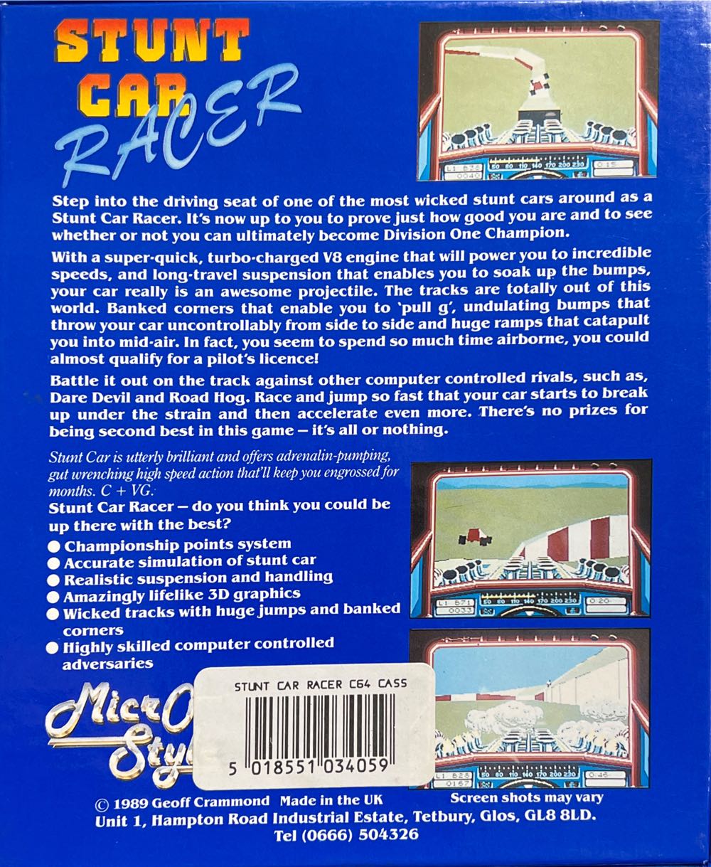 Stunt Car Racer - Commodore 64 (MicroStyle) video game collectible [Barcode 5018551034059] - Main Image 2