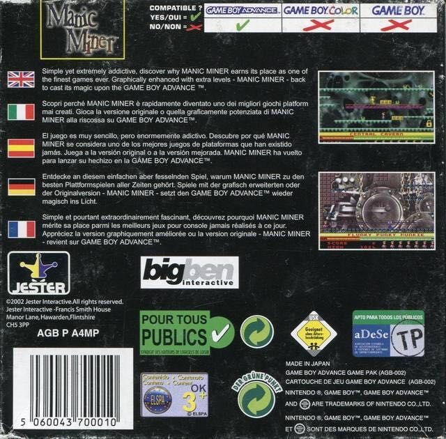 Manic Miner - Nintendo Game Boy Advance (GBA) (Jester Interactive - 1) video game collectible [Barcode 5060043700010] - Main Image 2