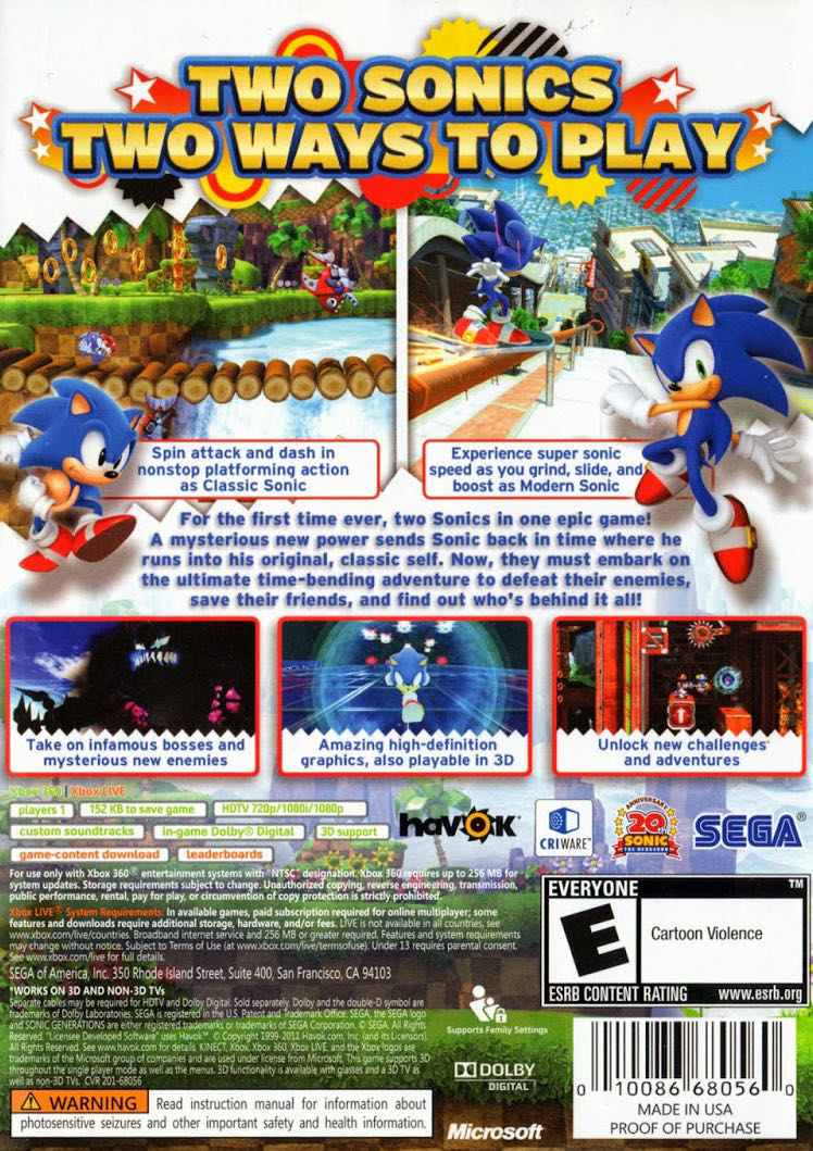 Sonic Generations - Microsoft Xbox 360 (Sega - 1) video game collectible [Barcode 5055277014194] - Main Image 2