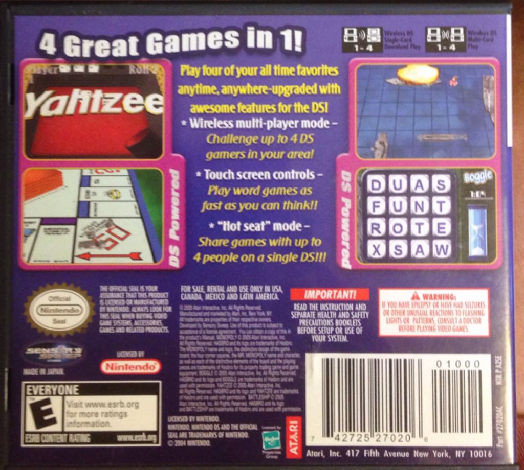 Monopoly / Boggle / Yahtzee / Battleship - Nintendo DS (Atari - 4) video game collectible [Barcode 742725270206] - Main Image 2