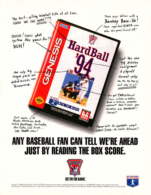 HardBall ’94 - Sega Genesis (Mega Drive) (Accolade - 1-2) video game collectible [Barcode 015605034077] - Main Image 2