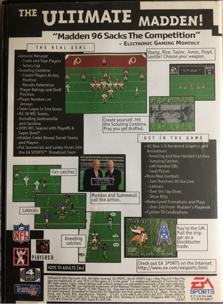 Madden NFL ’96 - Nintendo Super Nintendo Entertainment System (SNES) (Ea Sports - 4) video game collectible [Barcode 014633074932] - Main Image 2