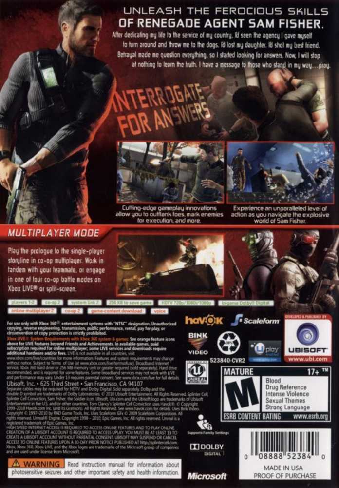 Tom Clancy’s Splinter Cell: Conviction - Microsoft Xbox 360 (Ubisoft - 1) video game collectible [Barcode 3307211319479] - Main Image 2