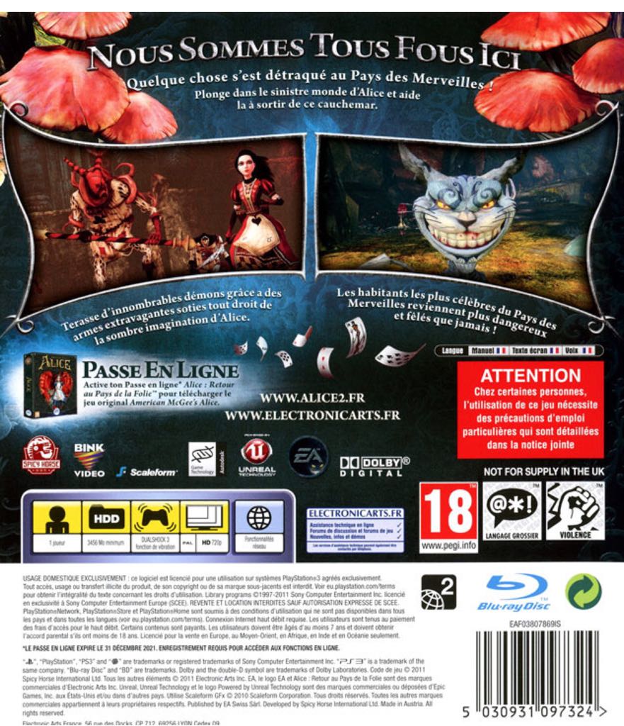 Alice : Retour Au Pays De La Folie - Sony PlayStation 3 (PS3) (Electronic Arts - 1) video game collectible [Barcode 5030931097324] - Main Image 2