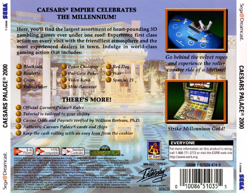 Caesar’s Palace 2000 - Sega Dreamcast (Interplay Entertainment - 1-4) video game collectible [Barcode 040421005369] - Main Image 2