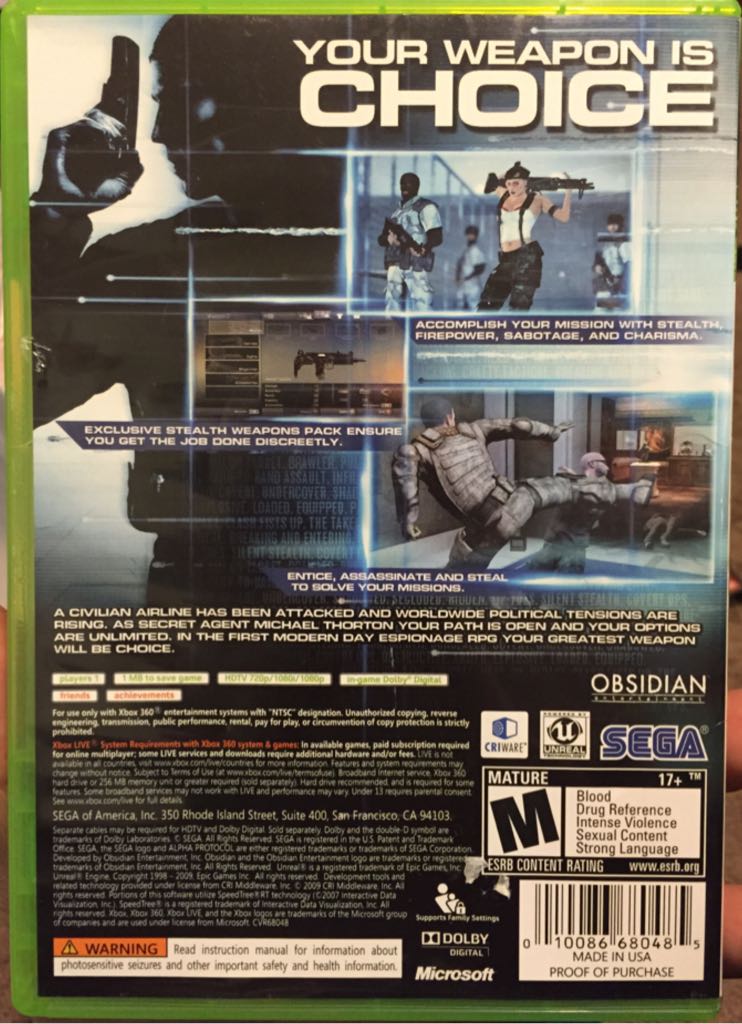 Alpha Protocol - Microsoft Xbox 360 (Sega - 1) video game collectible [Barcode 010086680485] - Main Image 2