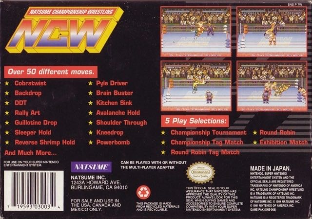 Natsume Championship Wrestling - Nintendo Super Nintendo Entertainment System (SNES) (Natsume - 1-4) video game collectible [Barcode 719593030034] - Main Image 2
