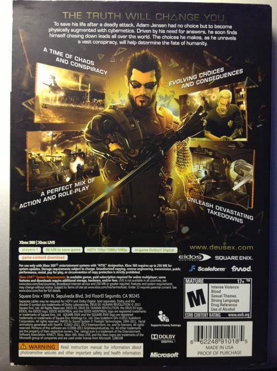 Deus Ex : Human Revolution - Microsoft Xbox 360 (Square Enix - 1) video game collectible [Barcode 006200007177] - Main Image 2