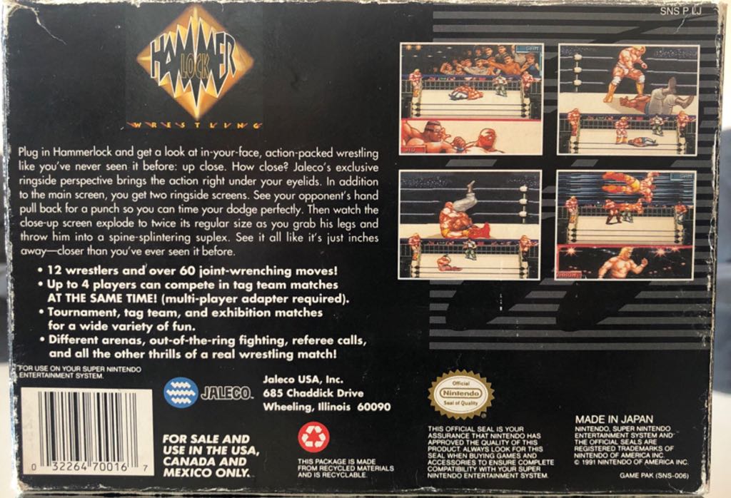 Hammerlock Wrestling - Nintendo Super Nintendo Entertainment System (SNES) (Jaleco - 1-4) video game collectible [Barcode 032264700167] - Main Image 2