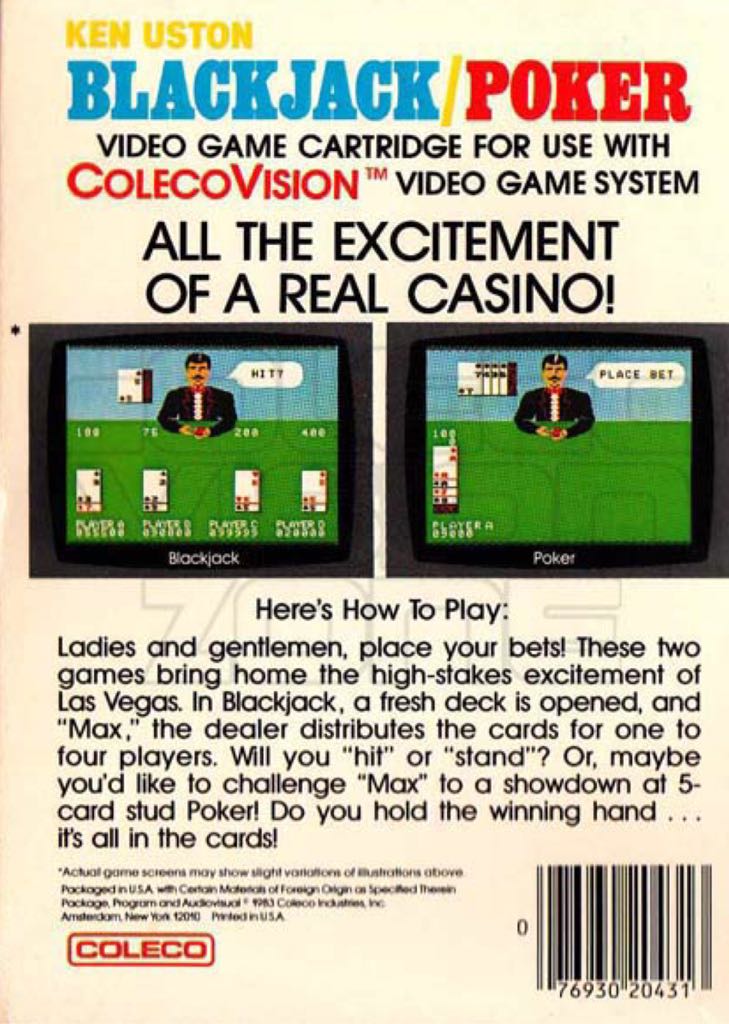 Ken Uston Blackjack/Poker (Overlays) - Colecovision (Coleco) video game collectible - Main Image 2