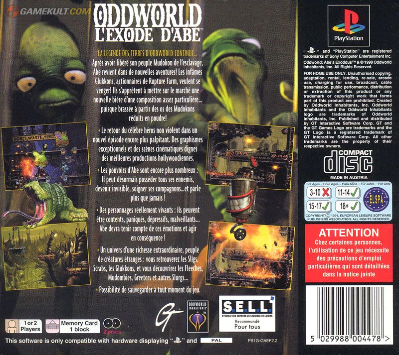 Oddworld: L’exode d’Abe - Sony PlayStation (GT Interactive - 1) video game collectible [Barcode 5029988004478] - Main Image 2