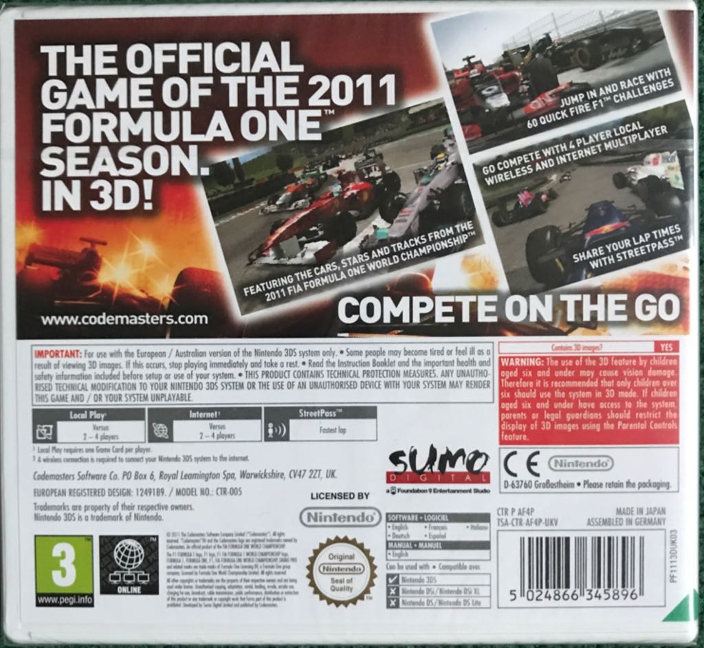 F1 2011 - Nintendo 3DS (Sumo - 1) video game collectible [Barcode 5024866345896] - Main Image 2