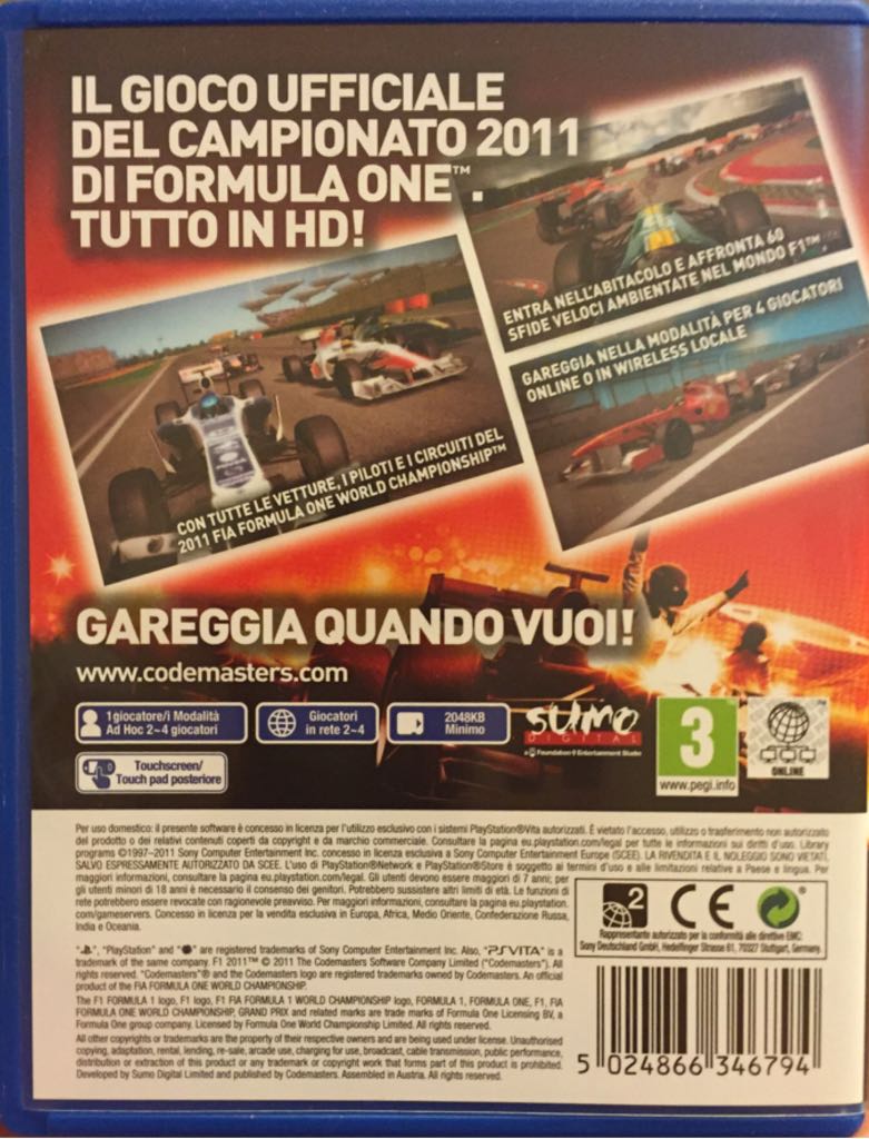 F1 2011 - Sony PlayStation Vita (PS Vita) video game collectible [Barcode 5024866346794] - Main Image 2